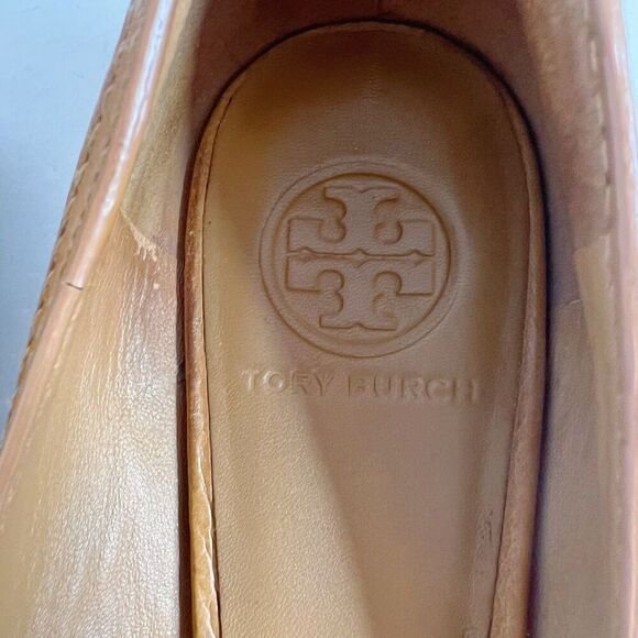 Tory Burch Leticia Peep Toe Wedges Tan Leather Brown Logo Medallion Size 9 - Picture 6 of 11